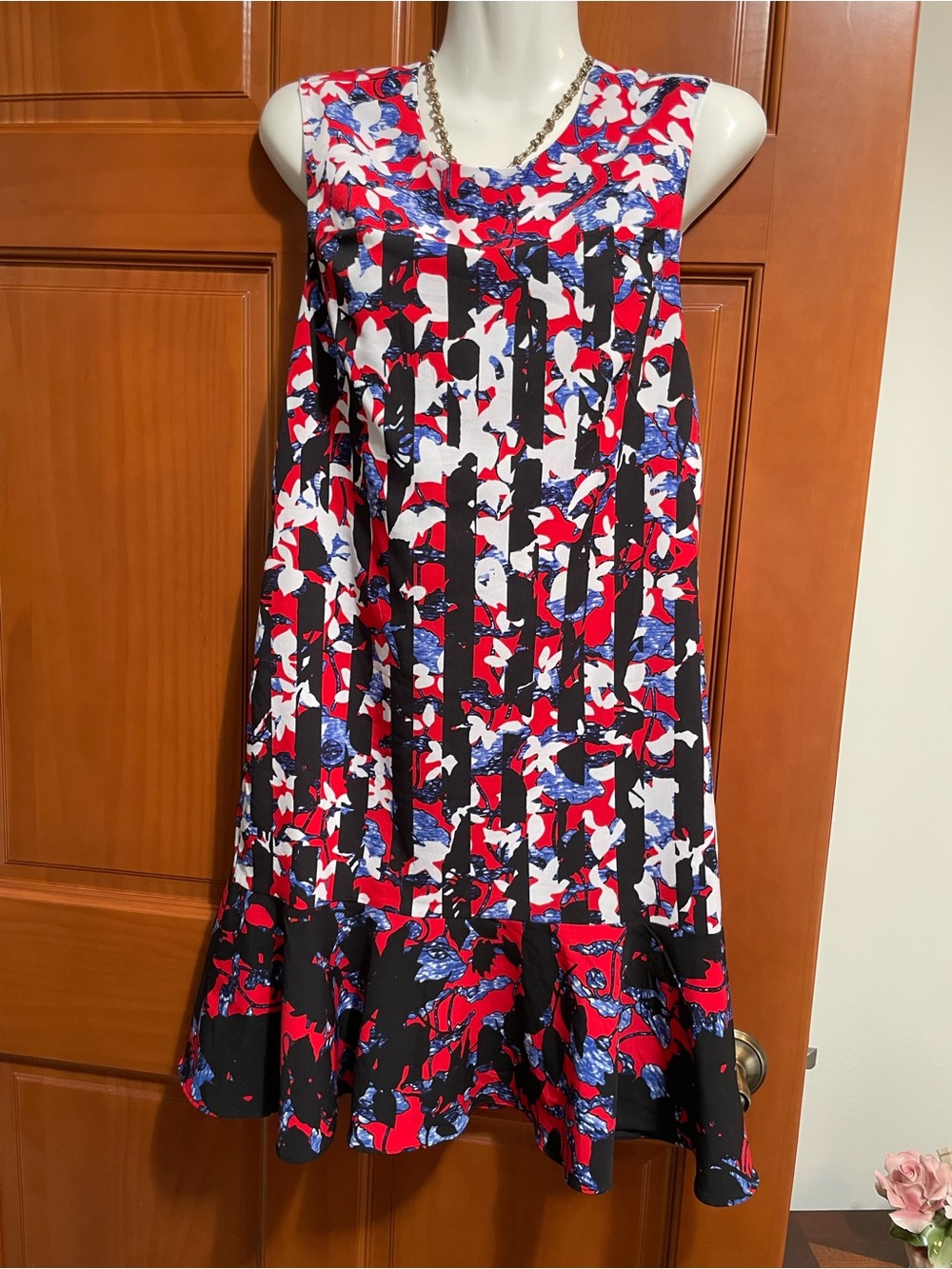 Peter Pilotto Red, Black, White & Blue A-Line Floral Swing Skirt